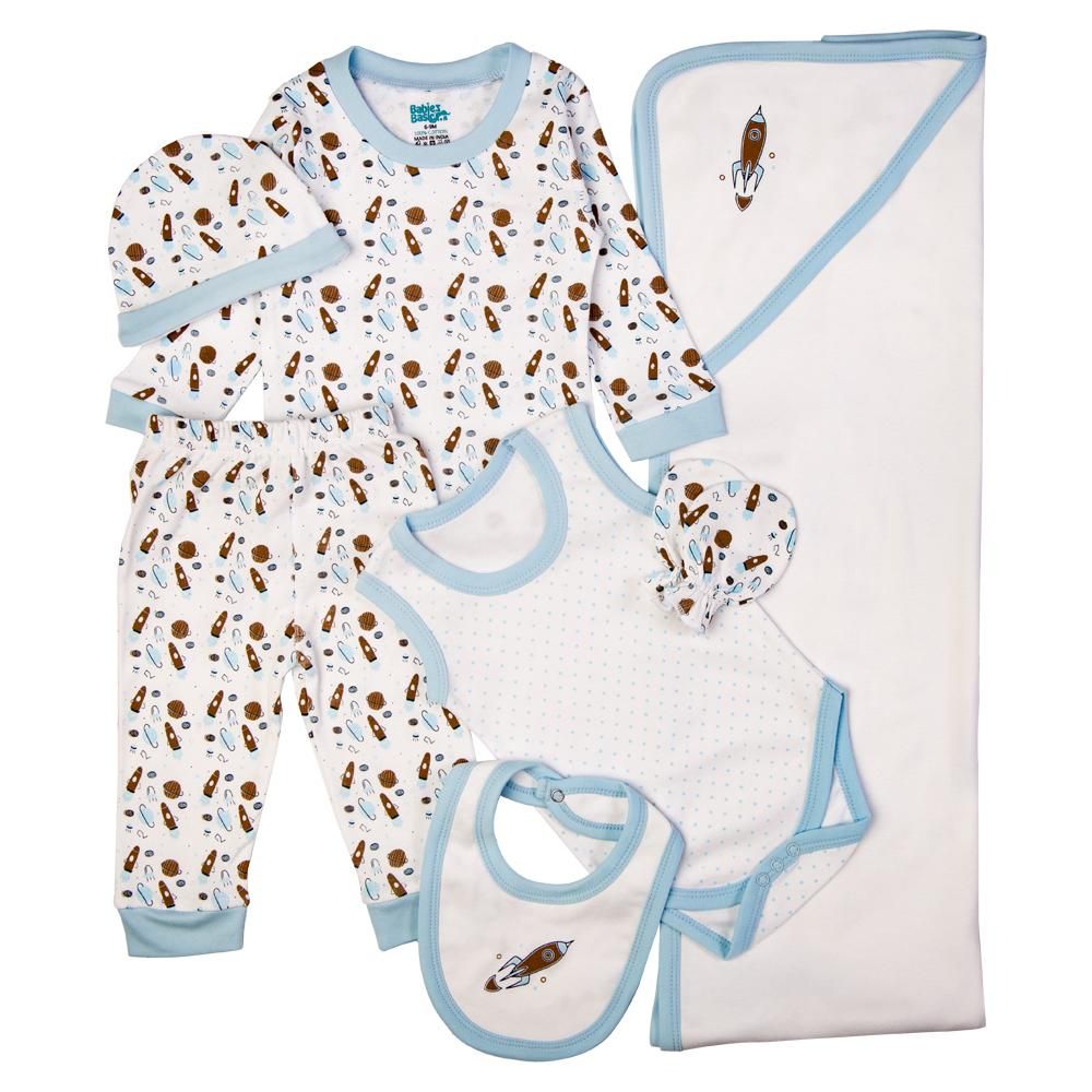 Babies Basic - 7pc Cotton Set - Bib, Romper, Mittens, Blanket, Cap, Top & Pyjama - Rocket - Sky Blue