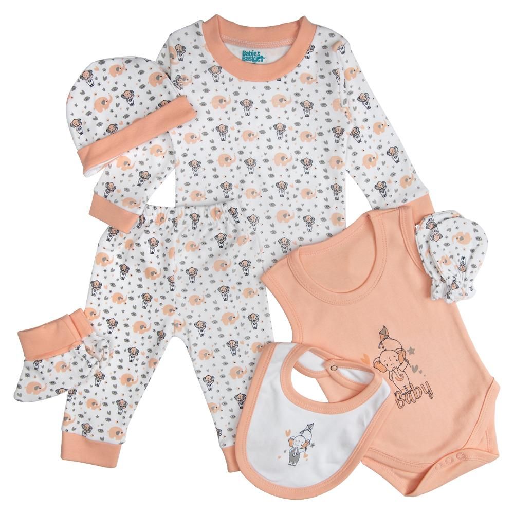 Babies Basic - 7pc Cotton Set - Bib, Romper, Mittens, Socks, Cap, Top & Pyjama - Peach