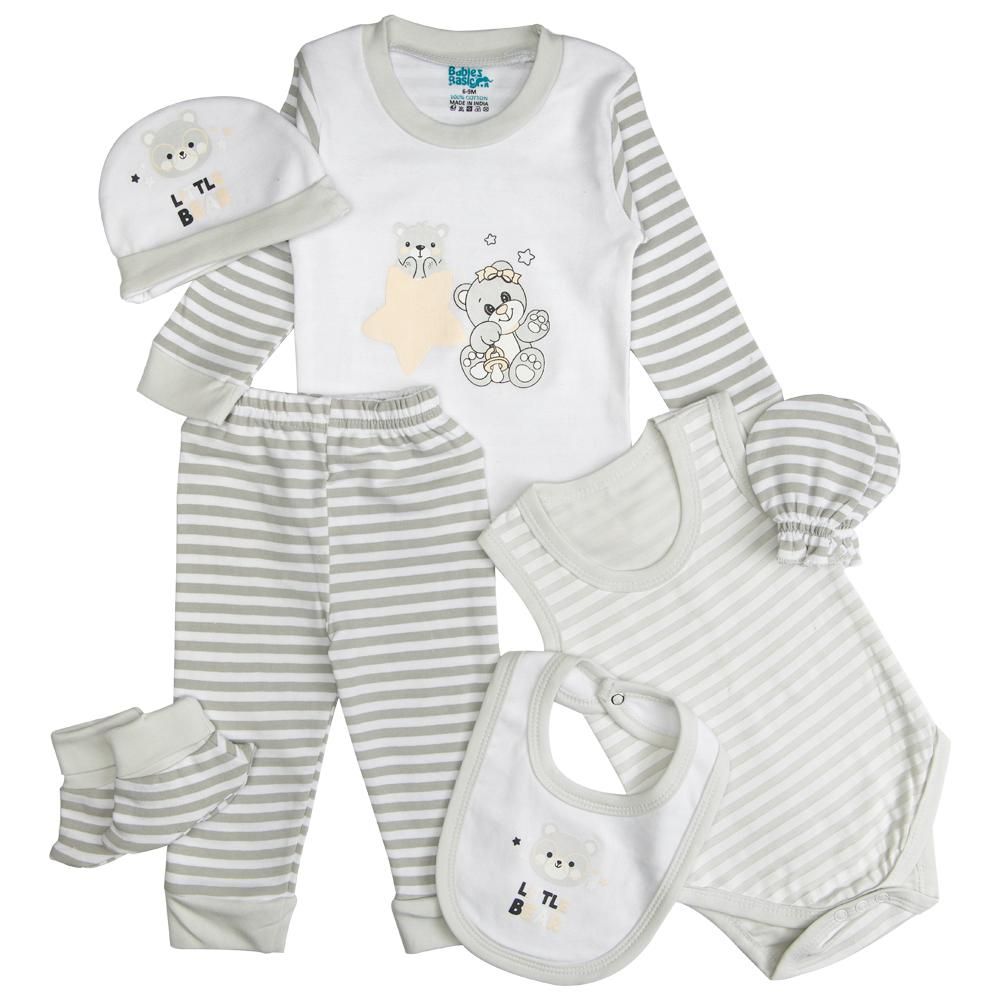 Babies Basic - 7pc Cotton Set - Bib, Romper, Mittens, Socks, Cap, Top & Pyjama - Grey