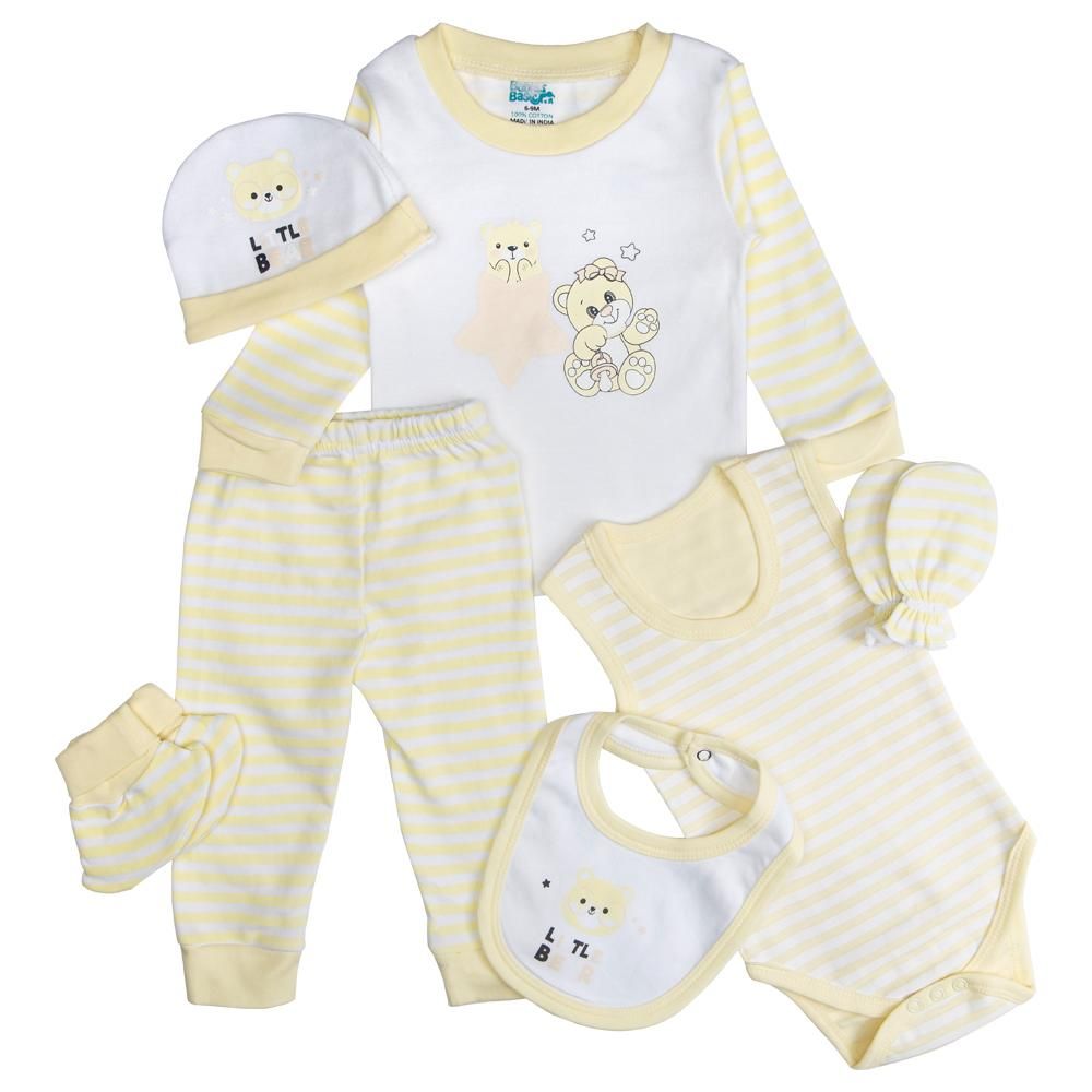 Babies Basic - 7pc Cotton Set - Bib, Romper, Mittens, Socks, Cap, Top & Pyjama - Yellow