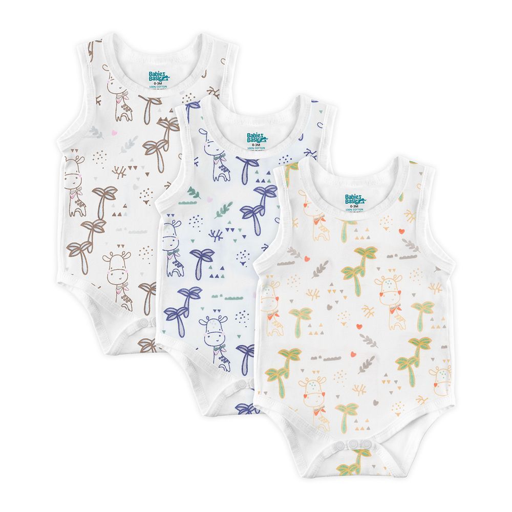 Babies Basic - 3pc-Set - Printed Sleeveless Romper - White