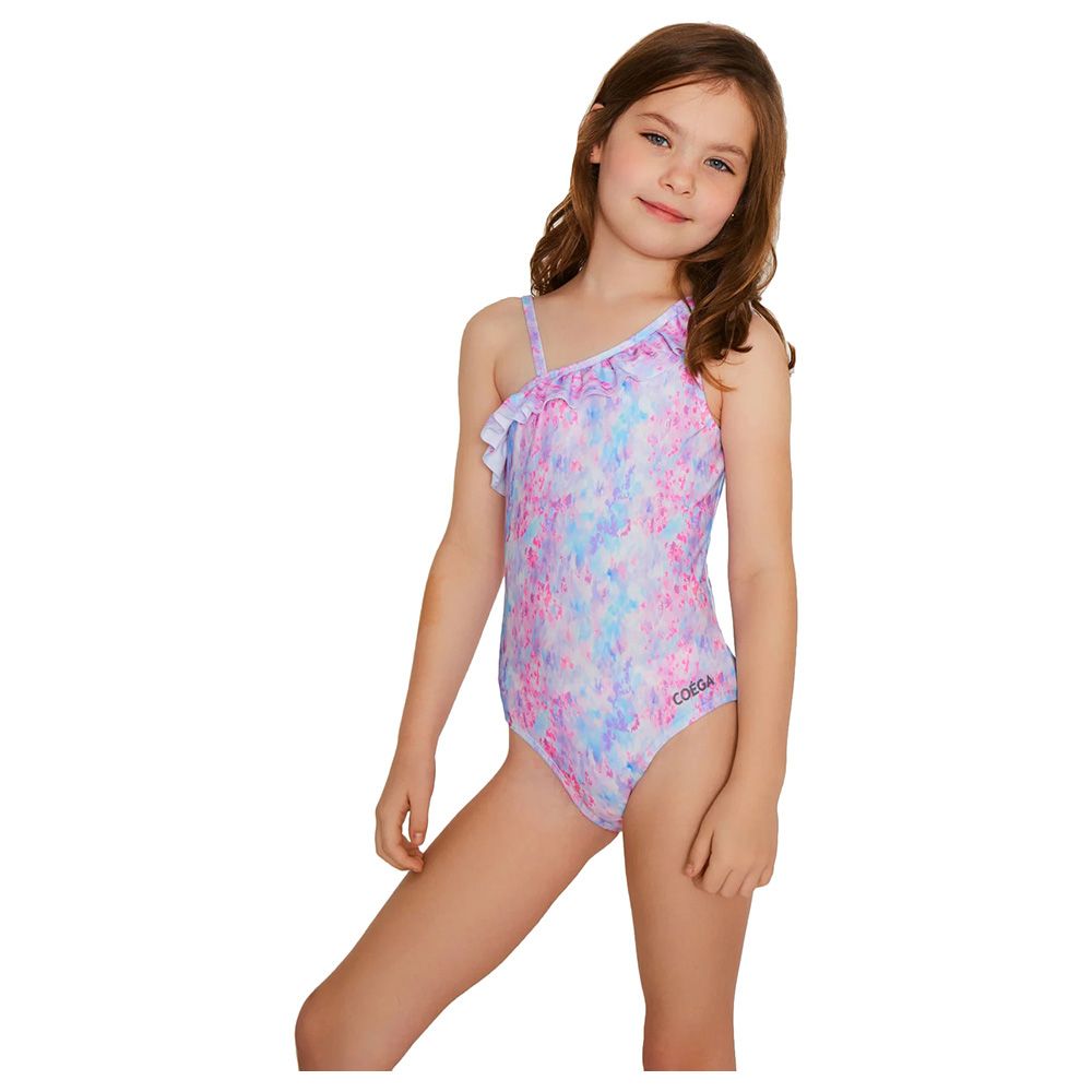 Coega Sunwear - Girls Kids Frill Swimsuit - Purple Abstract Drops