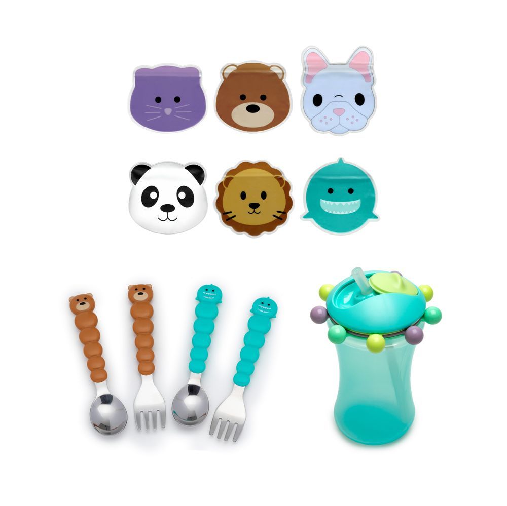 Melii - Reusable Snack Bags With Zip Closure 6pcs + Spoons & Forks Set - Brown Bear & Turquoise Shark + Abacus Straw Sippy Cup 340ml - Turquoise