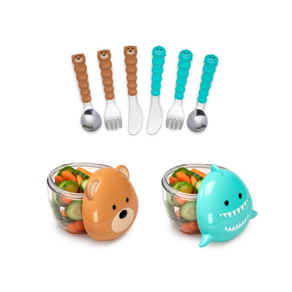 Melii - Turquoise Shark & Brown Bear Snack Containers + Brown Bear & Blue Shark Utensil Set 6pcs