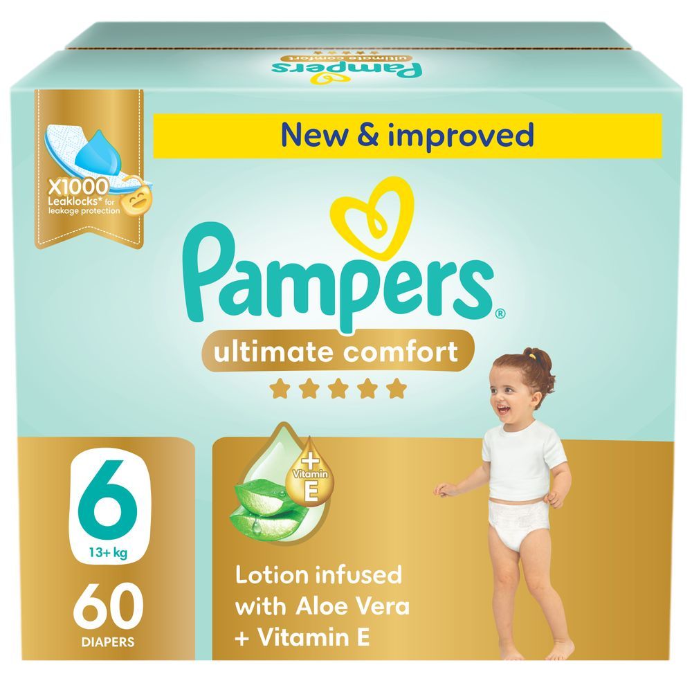 Pampers - Ultimate Comfort Taped Diapers - Giant Saving Box - Size 6 - 13 Plus kg - 60 Pcs