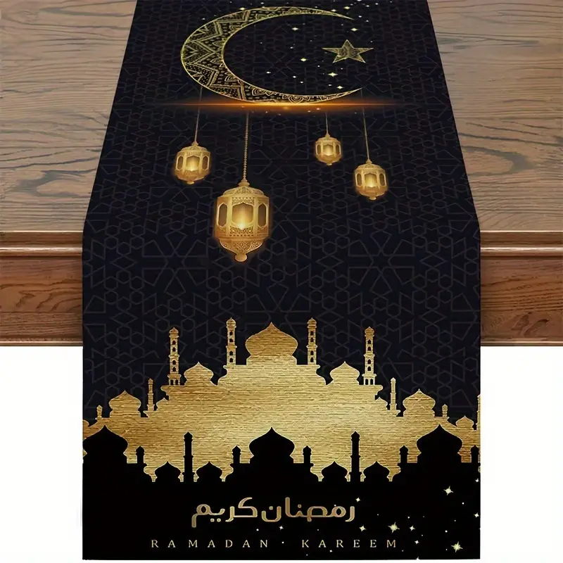 Long Sun - Eid Mubarak Mosque Muslim Golden Moon Burlap 1pc - Table Runner 33.02x182.88cm