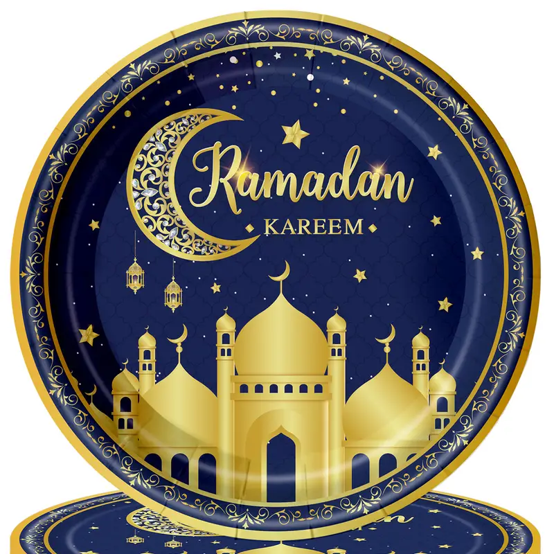 Long Sun - Ramadan Kareem Plates 9in 24pcs - Blue & Gold