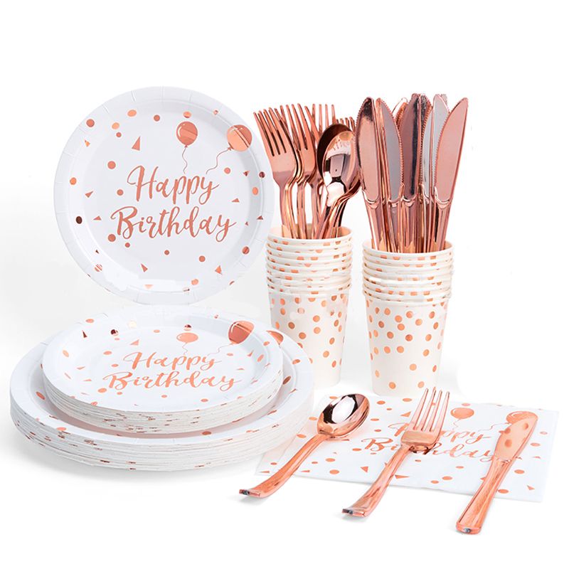 Long Sun - Happy Birthday Party Tableware Set - Rose Gold/White - 68pcs