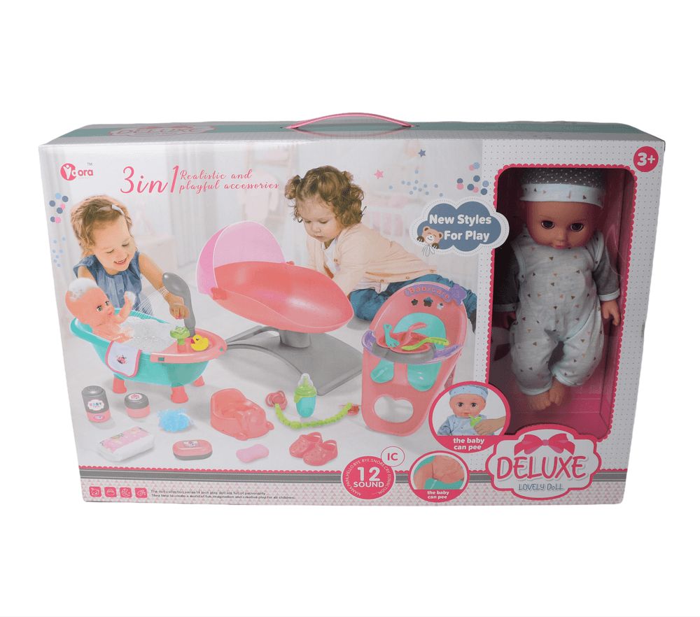 Vdora Dolls - 3-In-1 Baby Doll Feeding, Shower & Cradle Playset - 14 Inch