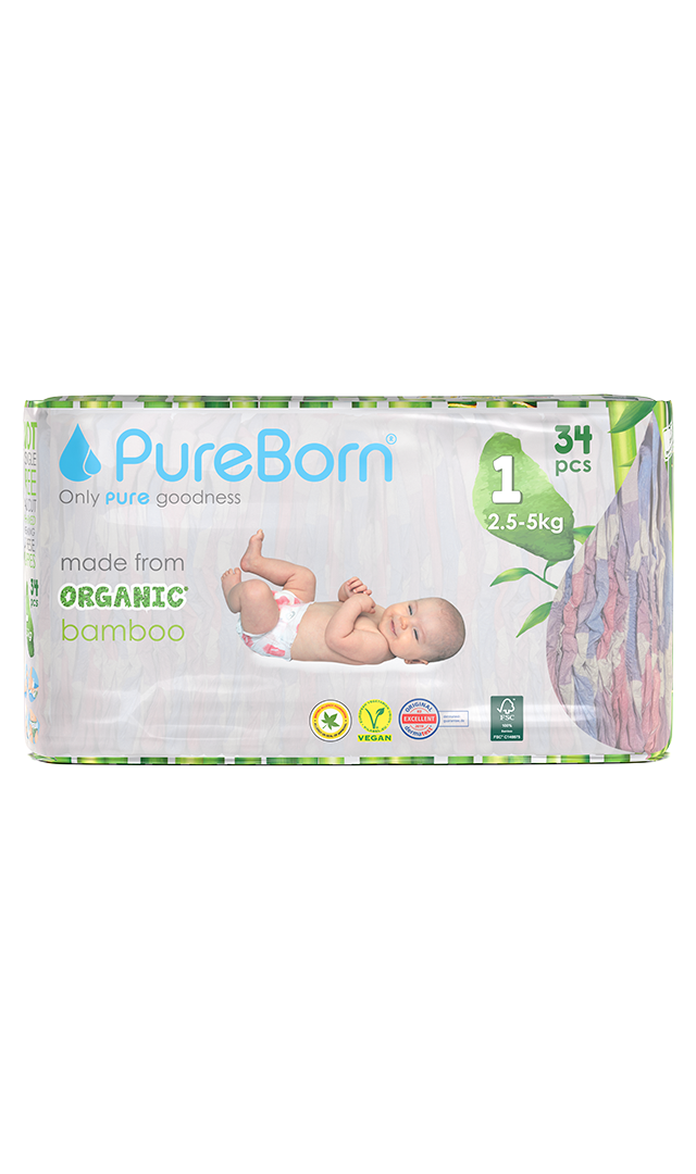 PureBorn - Organic Diapers Leopard - Size-1- 2.5-5 kg - 34 Pcs