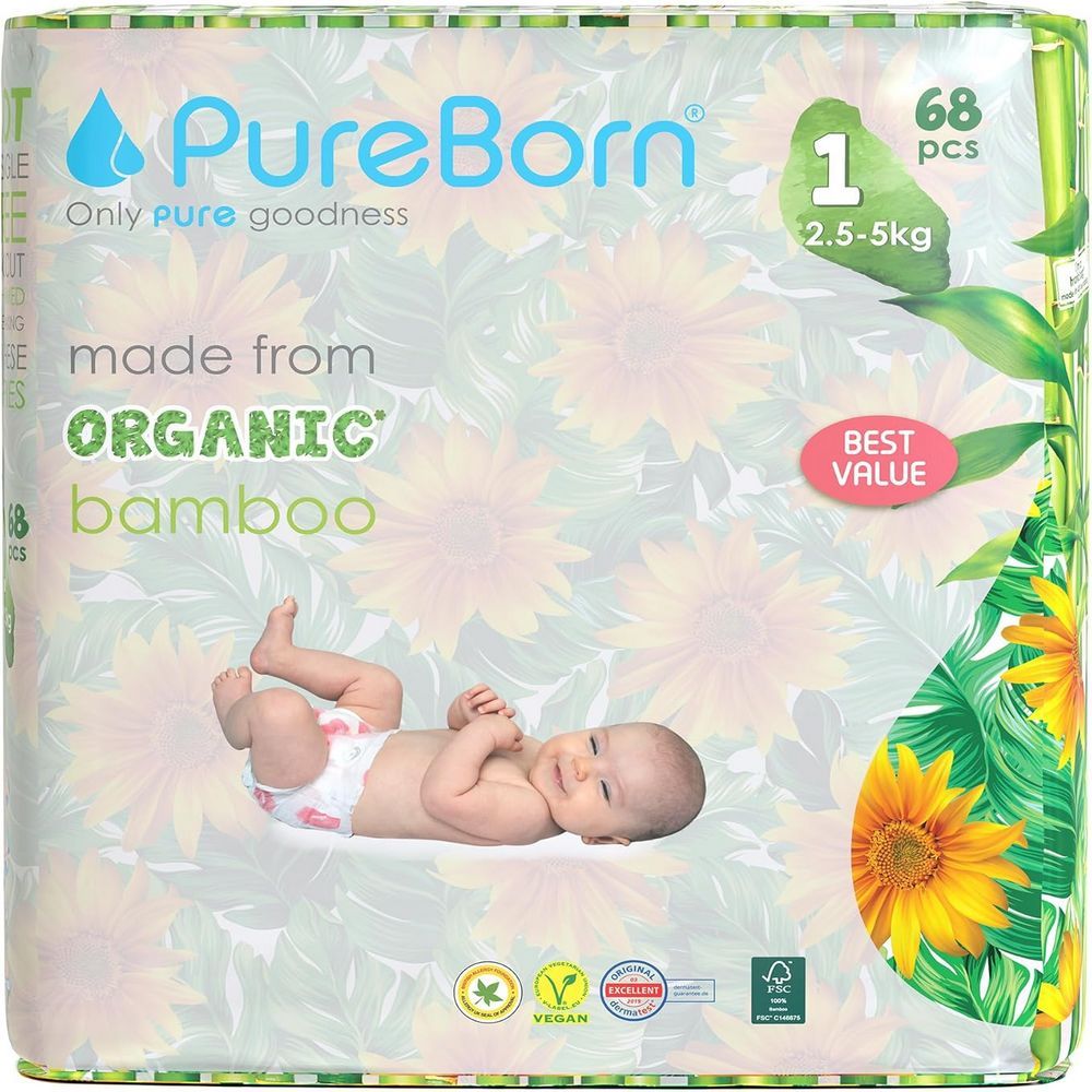 Pureborn - Size 1 Organic Diapers Upto 5Kg 68s - Twin Value Pack - Sunflower