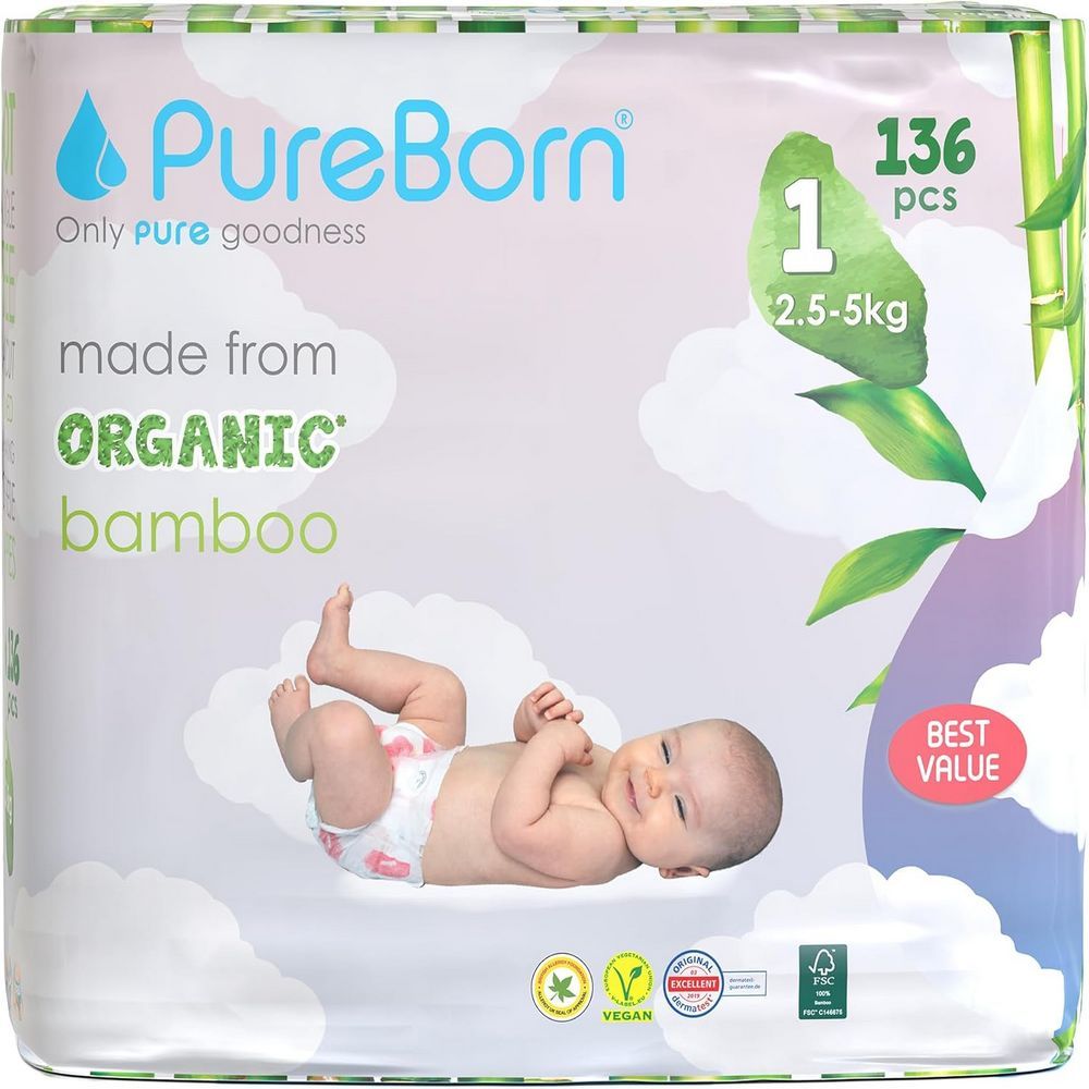 Pureborn - Size 1 Organic Diapers Upto 5Kg 136S - Master Value Pack - Cloud