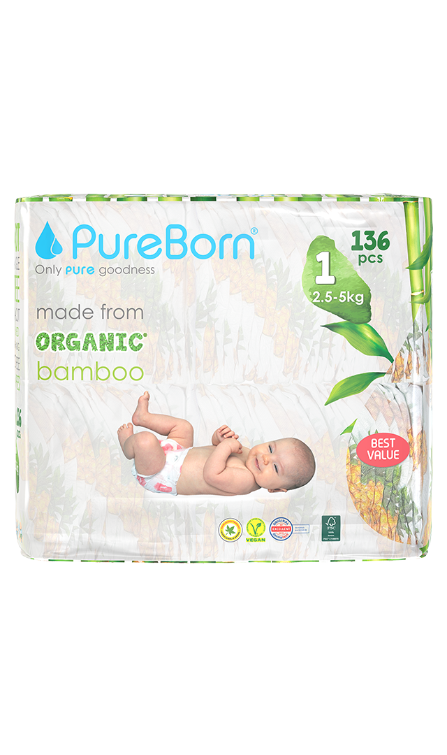 PureBorn - Organic Diapers Daisy - Size-1- 2.5-5 kg - 136 Pcs