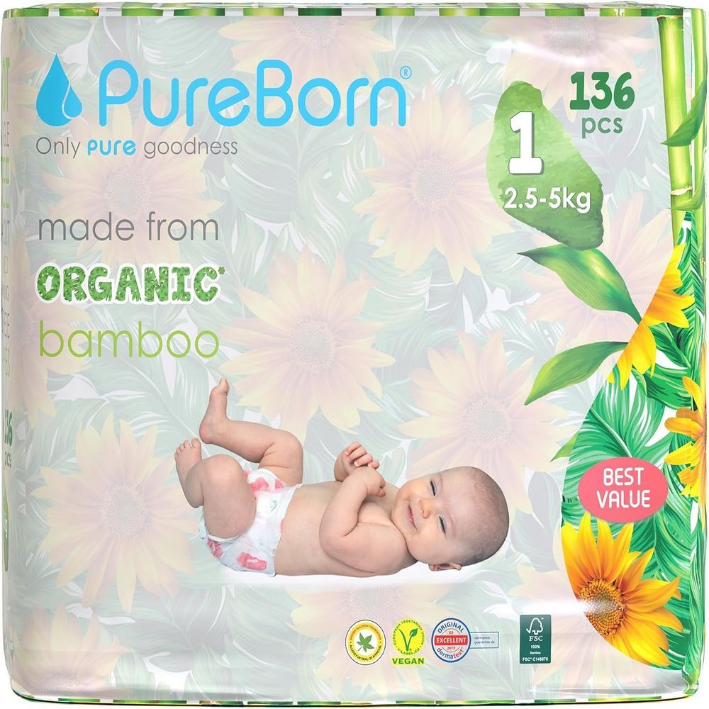 Pureborn - Size 1 Organic Diapers Upto 5Kg 136s - Master Value Pack - Sunflower