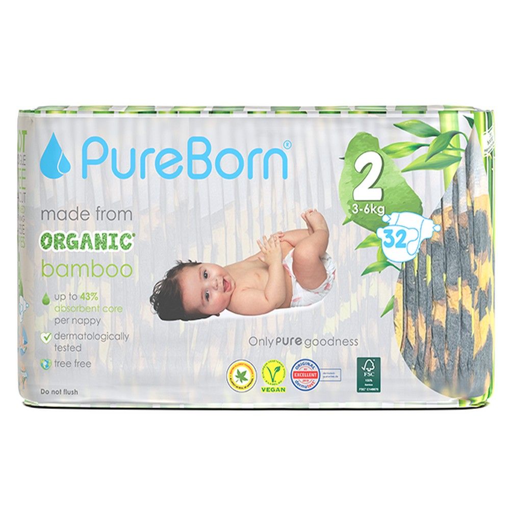 Pureborn - Size 2 Organic Diapers 3-6Kg 32s - Single Pack - Cloud