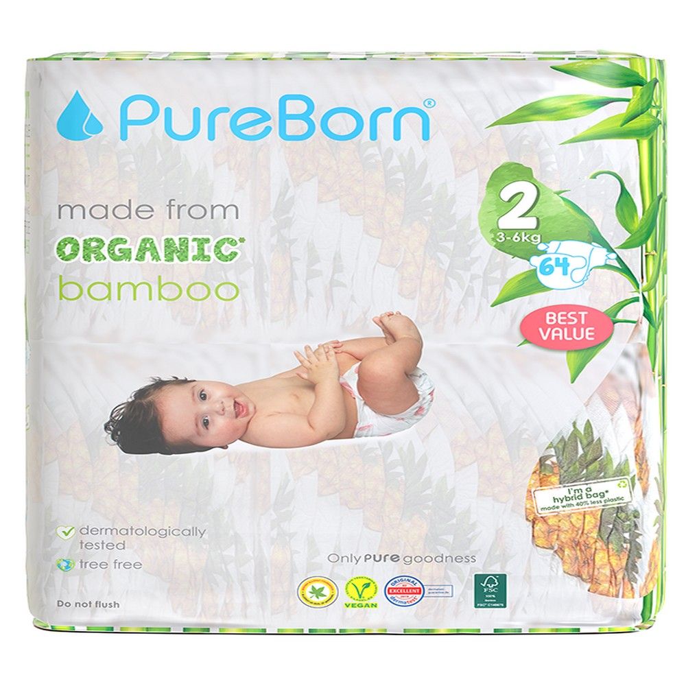 Pureborn - Size 2 Organic Diapers 3-6Kg 64s - Twin Value Pack - Cloud