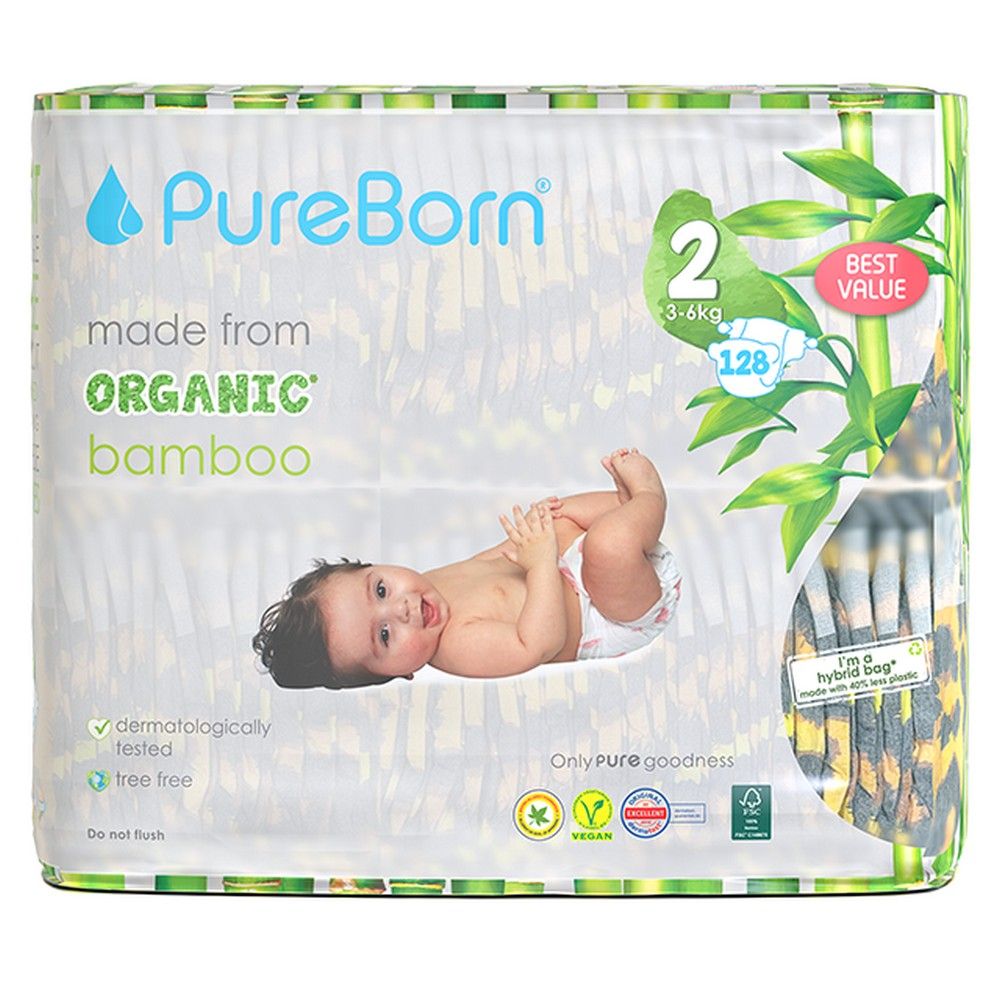 Pureborn - Size 2 Organic Diapers 3-6Kg 128s - Master Value Pack - Cloud