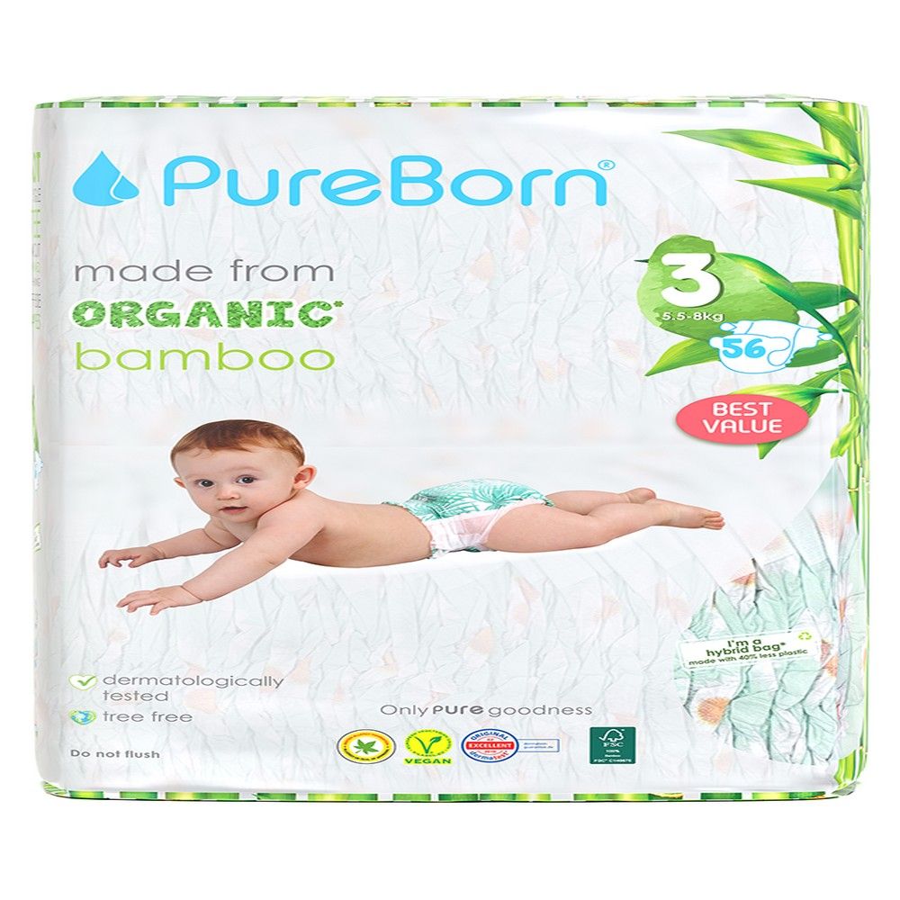 Pureborn - Size 3 Organic Diapers 5.5-8Kg 56s - Twin Value Pack - Cloud