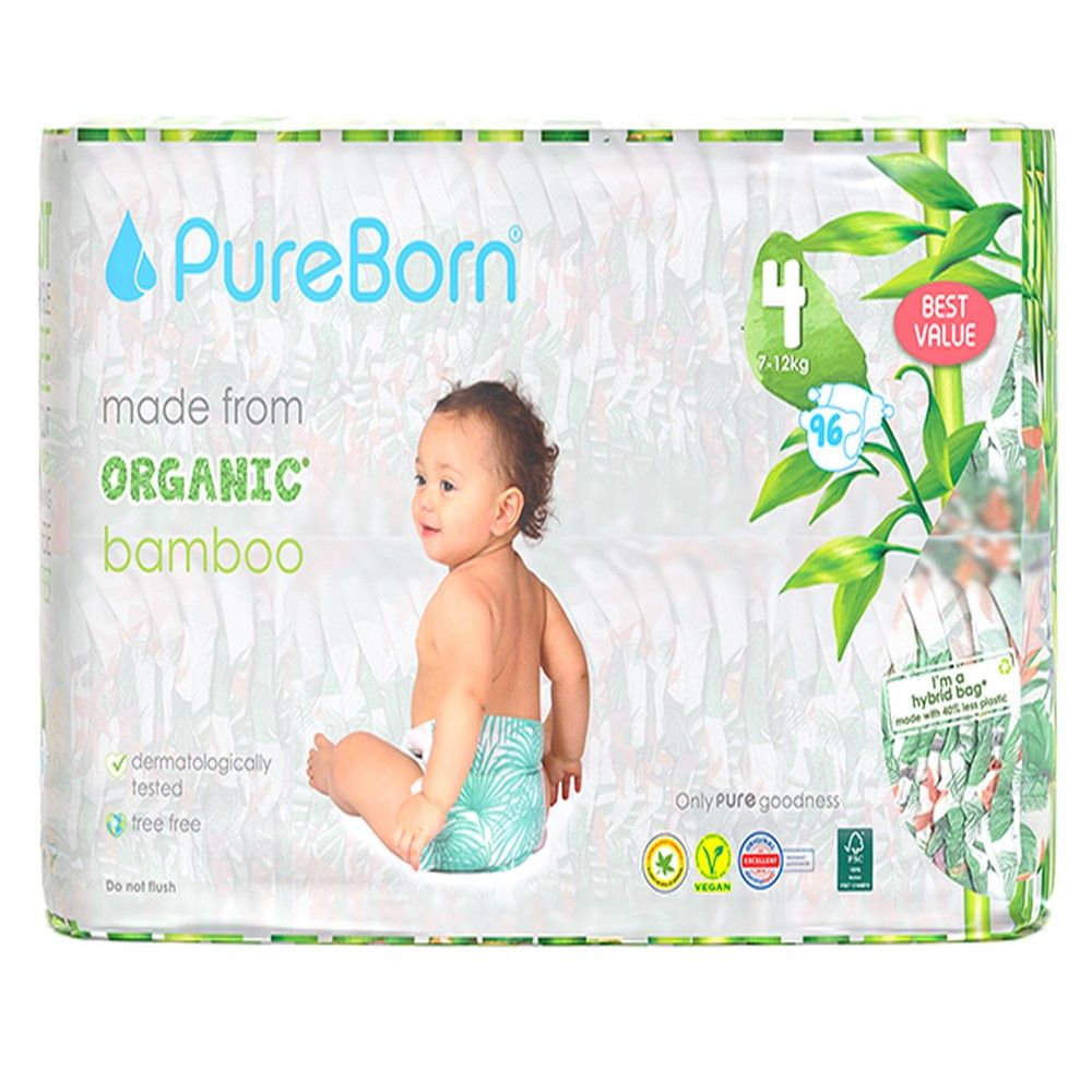 Pureborn - Size 4 Organic Diapers 7-12Kg 96s - Master Value Pack - Cloud