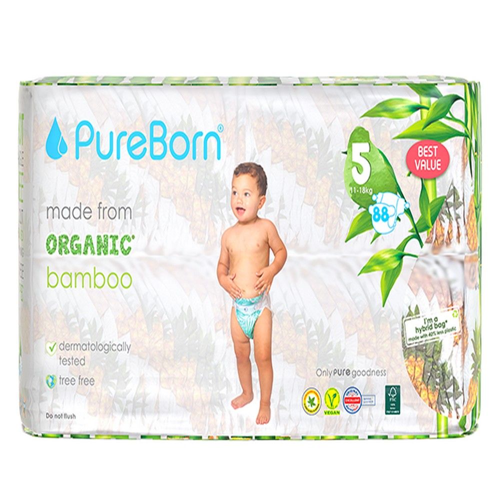 Pureborn - Size 5 Organic Diapers 11-18Kg 88s - Master Value Pack - Cloud