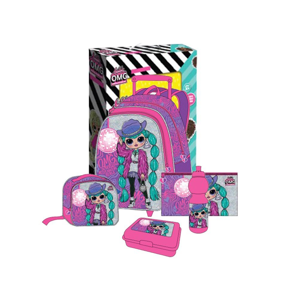 MGA - LOL OMG Kids 5-in-1 Box Set W/ 18" - Trolley School Bag, Water Bottle, Lunch Box, Lunch Bag & Pencil Case - Pink