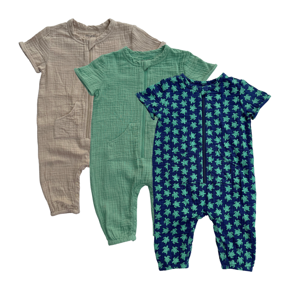 Next Of Kin - Orian Cap Sleeve Zippy Jumpsuits Pack Of 3 - Sage, Neutral & Navy Turtle