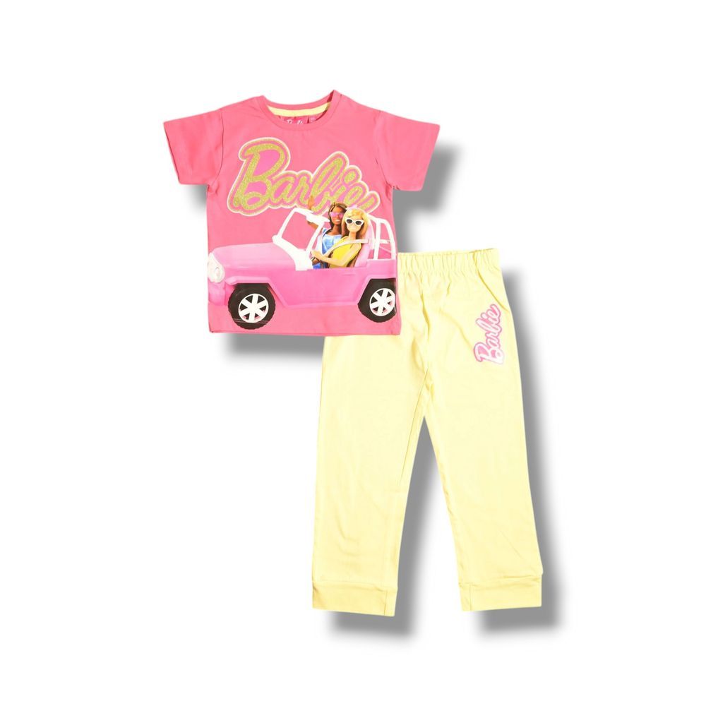 Barbie - 2pc-Set - Girl's Short Sleeve Top And Pyjama - Pink/Yellow