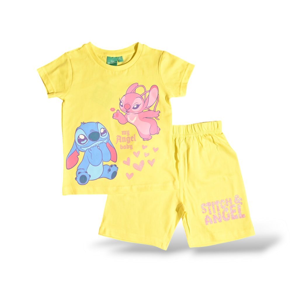 Lilo & Stitch - 2pc-Set - Girl's Printed Cotton T-Shirt & Shorts - Yellow