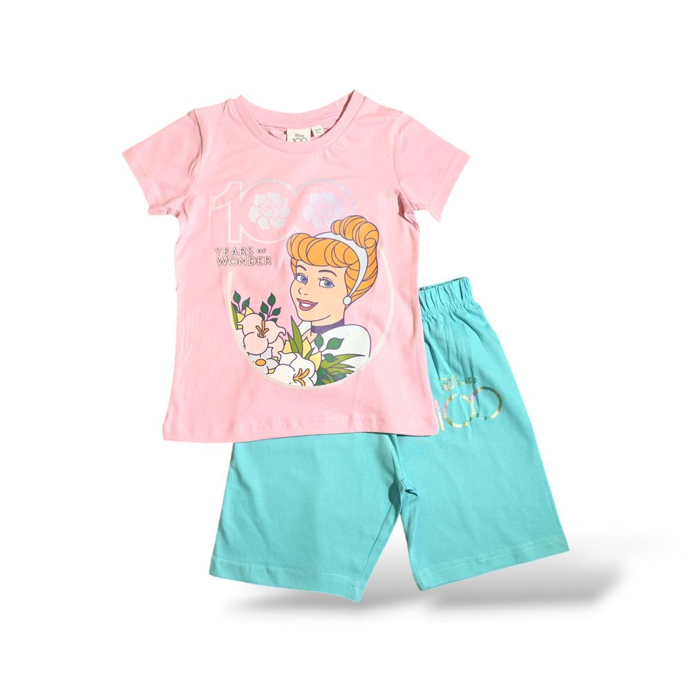 Disney - 2pc-Set - Girl's Princess Cinderella Printed T-Shirt & Shorts - Pink/Green