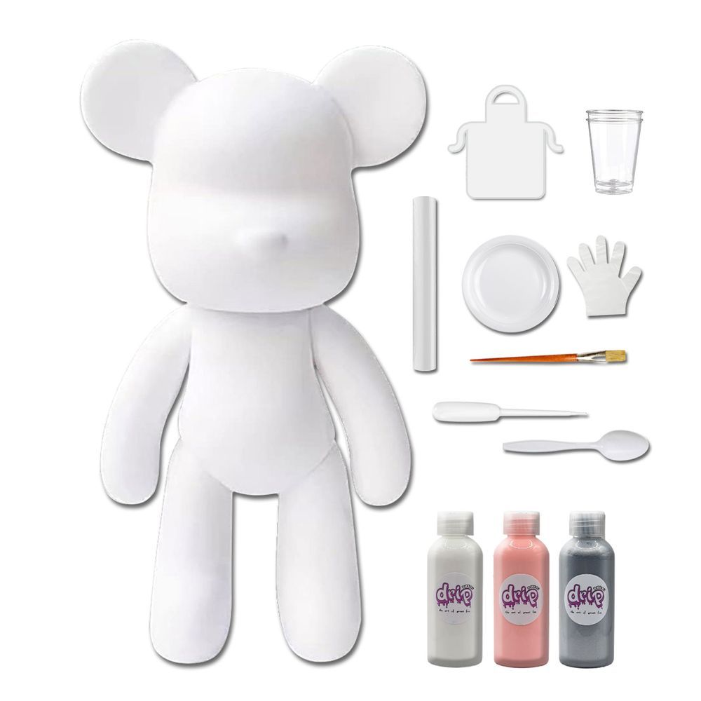 Dubai Drip Art - DIY Fluid Paint Bear Complete Kit - 23 cm - White, Light-Pink, Silver