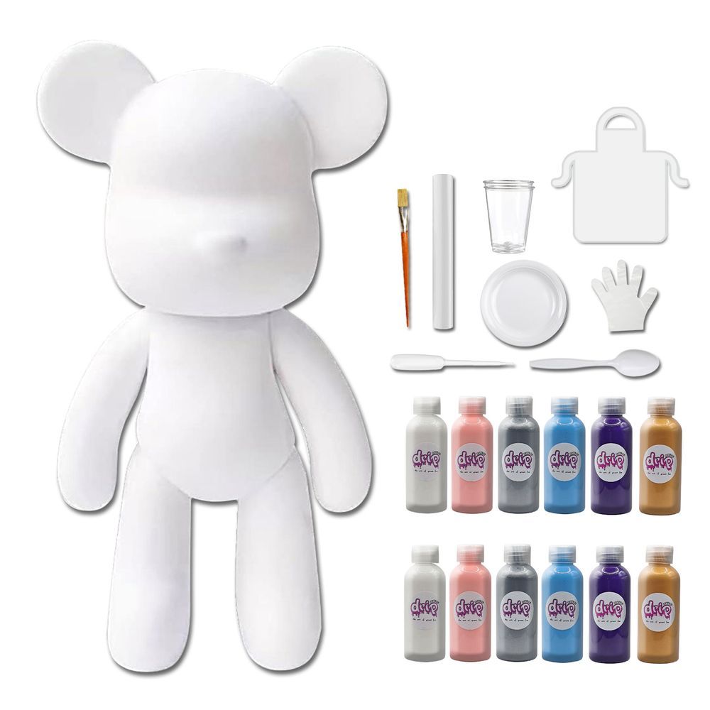 Dubai Drip Art - Mega Pouring Paint Bear Figure XXL - 53cm - White, Light-Pink, Silver, Light-Blue, Dark-Purple, Gold