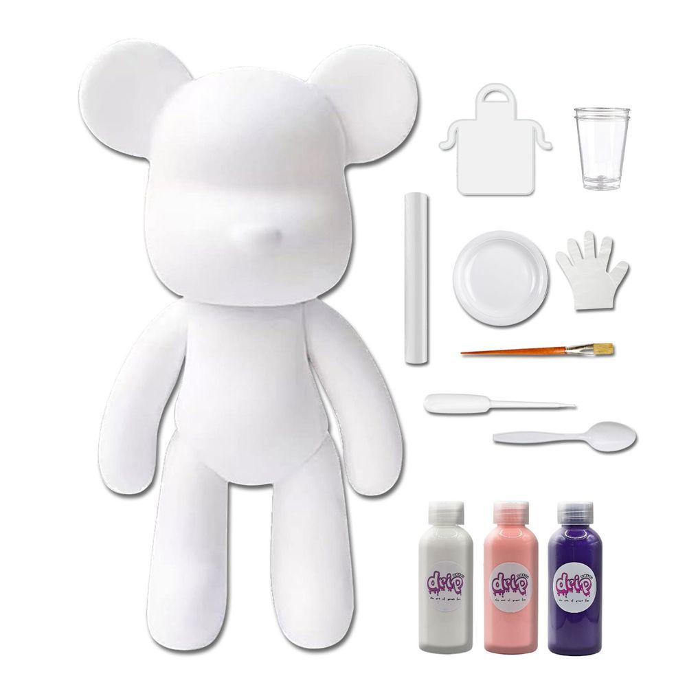 Dubai Drip Art - DIY Fluid Paint Bear Complete Kit - 23 cm - White, Light-Pink, Dark-Purple