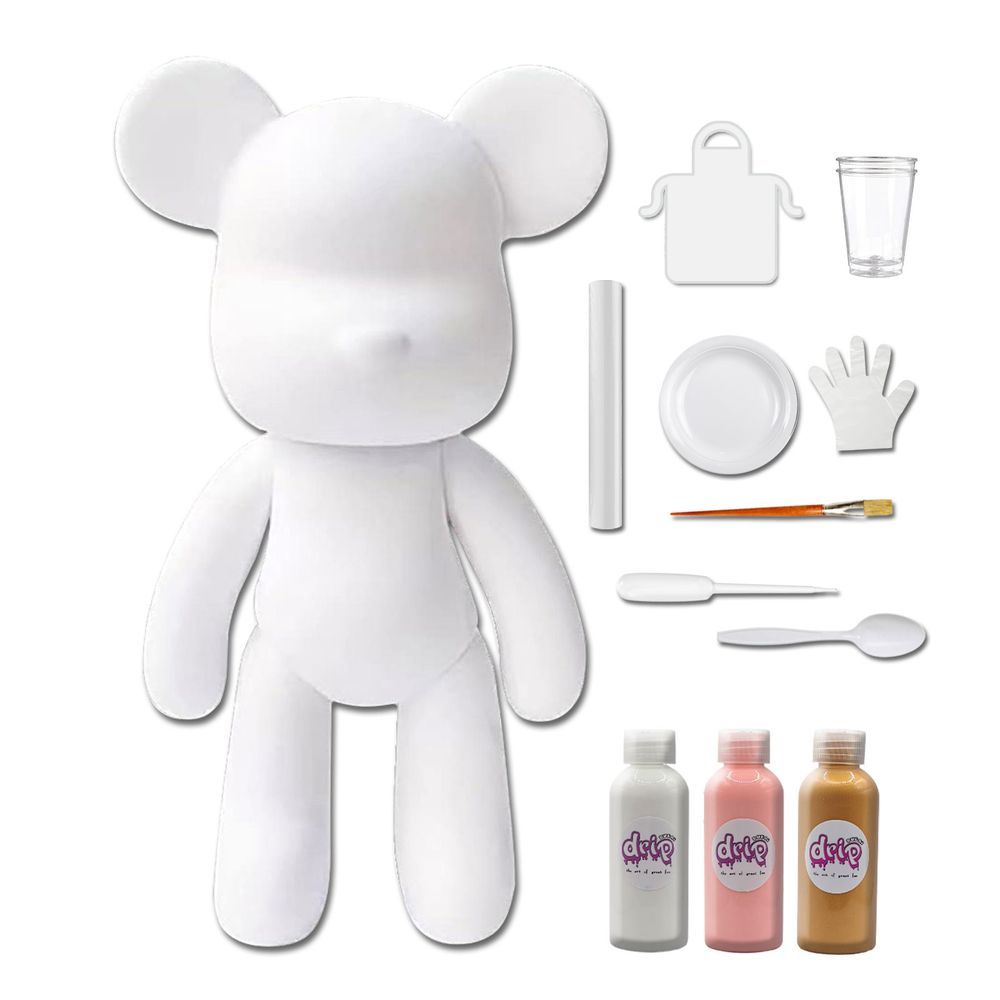 Dubai Drip Art - DIY Fluid Paint Bear Complete Kit - 23 cm - White, Light-Pink, Gold