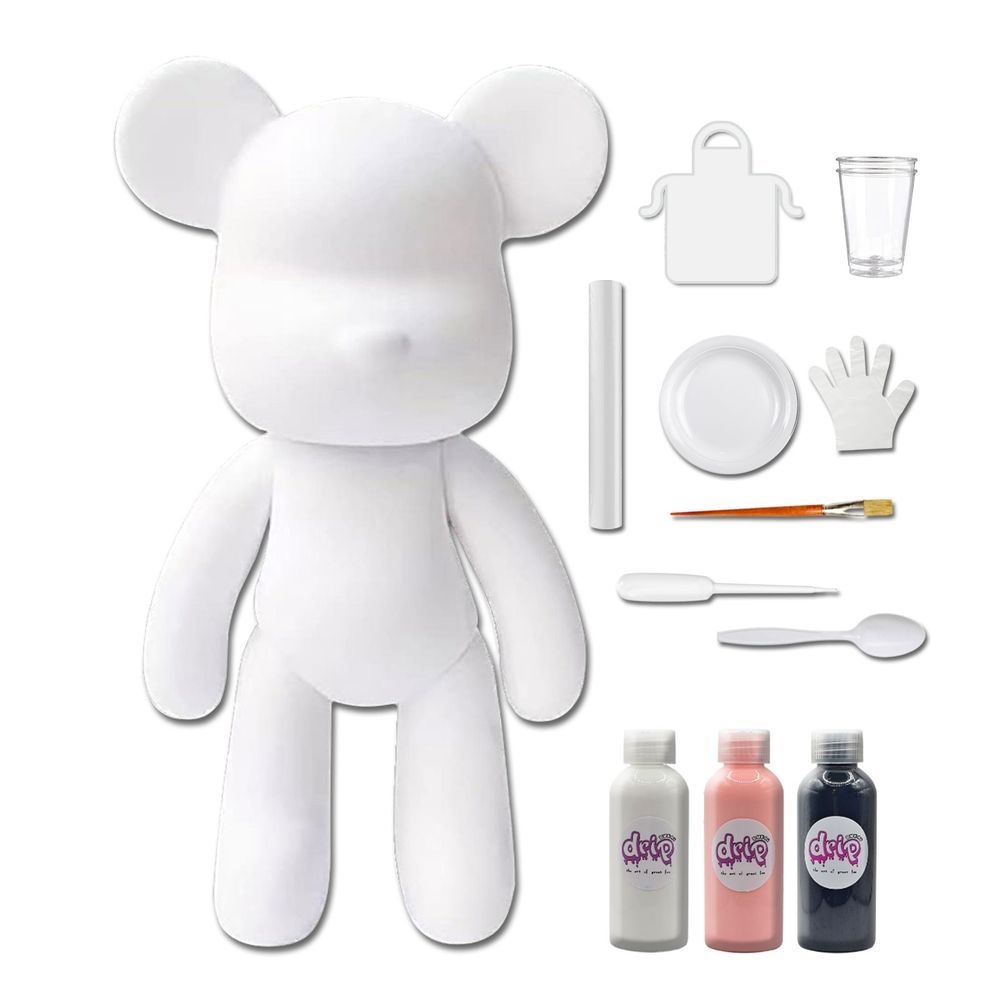 Dubai Drip Art - DIY Fluid Paint Bear Complete Kit - 23 cm - White, Light-Pink, Black