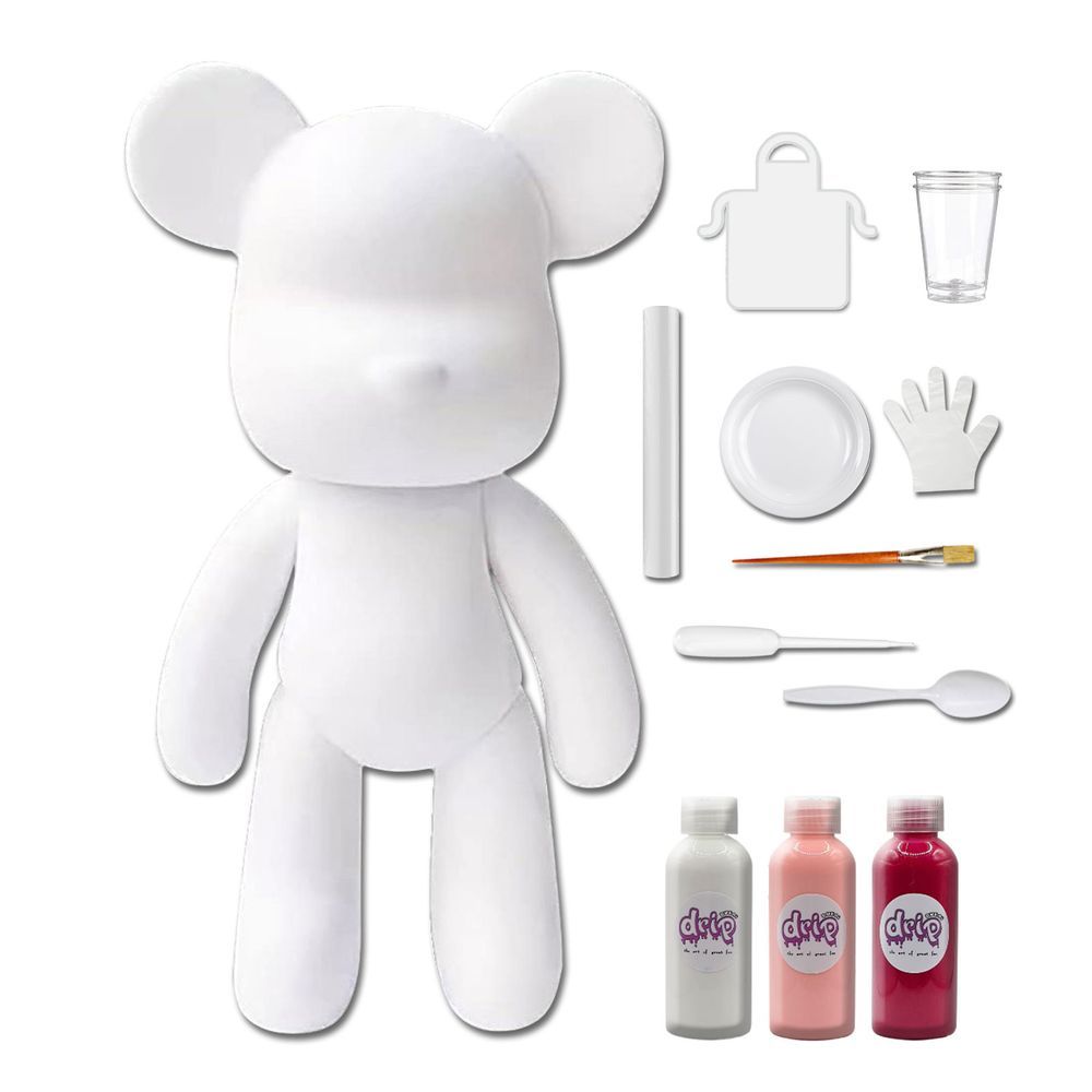 Dubai Drip Art - DIY Fluid Paint Bear Complete Kit - 23 cm - White, Light-Pink, Rose-Red