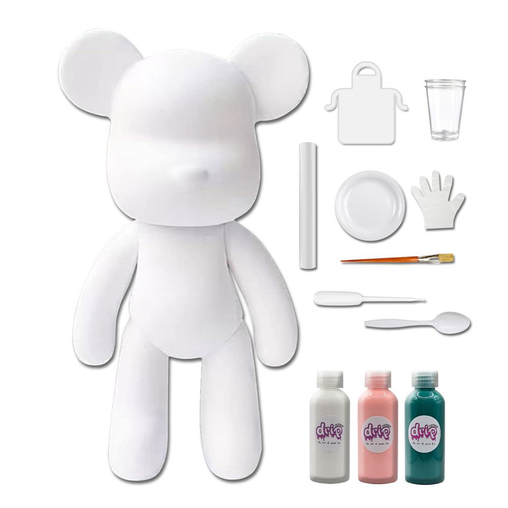 Dubai Drip Art - DIY Fluid Paint Bear Complete Kit - 23 cm - White, Light-Pink, Blue-Green