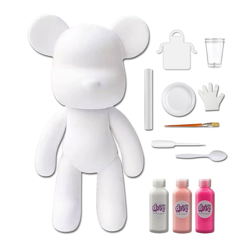 Dubai Drip Art - DIY Fluid Paint Bear Complete Kit - 23 cm - White, Light-Pink, Fluorescent-Pink