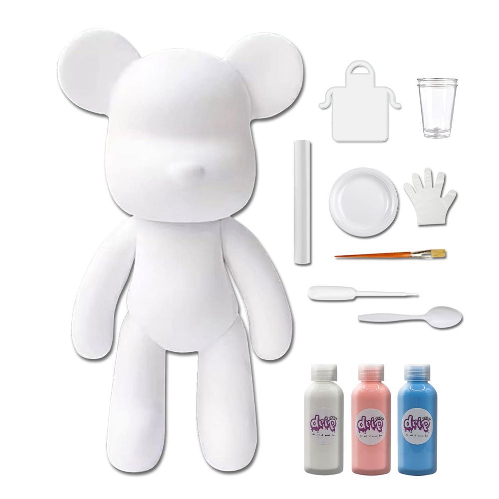 Dubai Drip Art - DIY Fluid Paint Bear Complete Kit - 23 cm - White, Light-Pink, Light-Blue