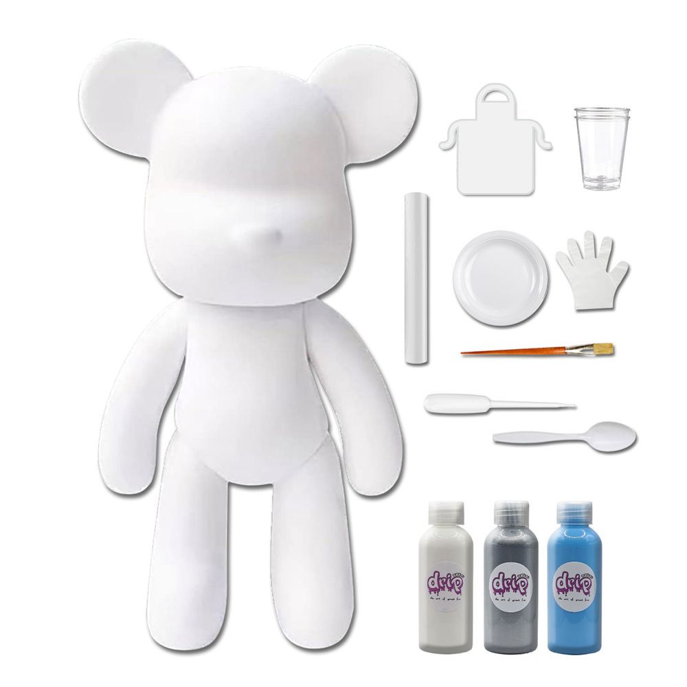 Dubai Drip Art - DIY Fluid Paint Bear Complete Kit - 23 cm - White, Silver, Light-Blue