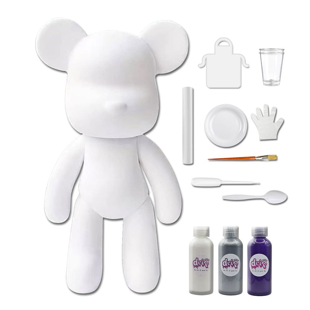 Dubai Drip Art - DIY Fluid Paint Bear Complete Kit - 23 cm - White, Silver, Dark-Purple