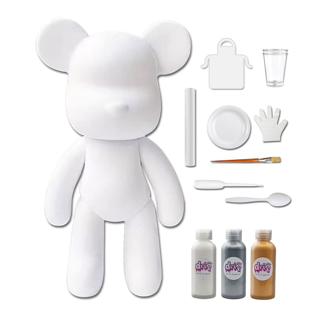 Dubai Drip Art - DIY Fluid Paint Bear Complete Kit - 23 cm - White, Silver, Gold