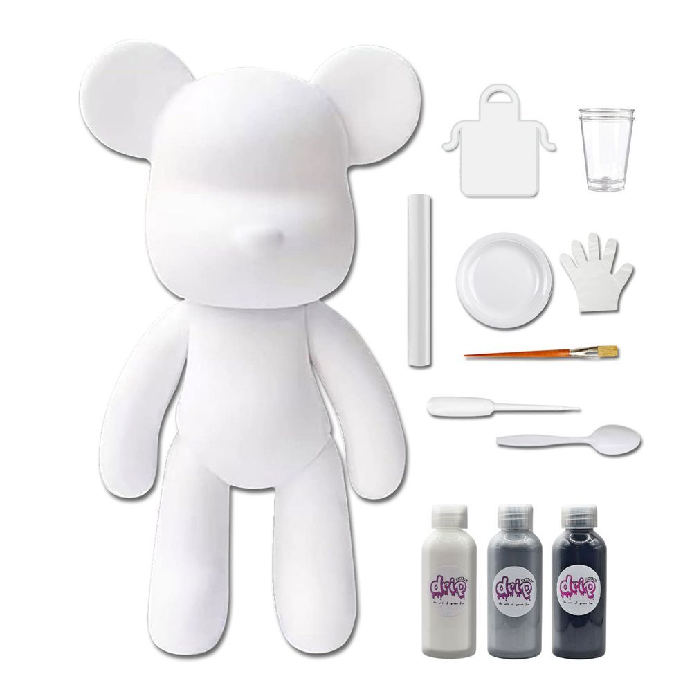 Dubai Drip Art - DIY Fluid Paint Bear Complete Kit - 23 cm - White, Silver, Black