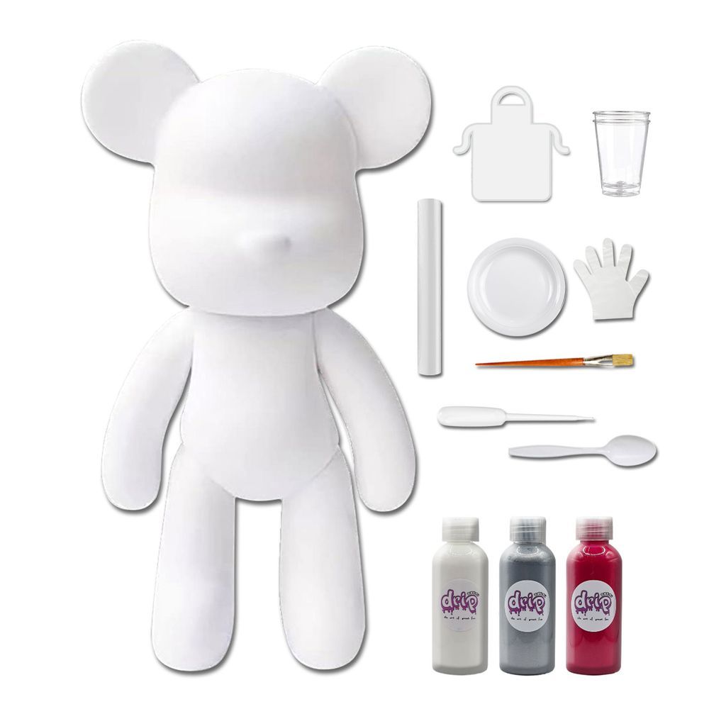 Dubai Drip Art - DIY Fluid Paint Bear Complete Kit - 23 cm - White, Silver, Rose-Red