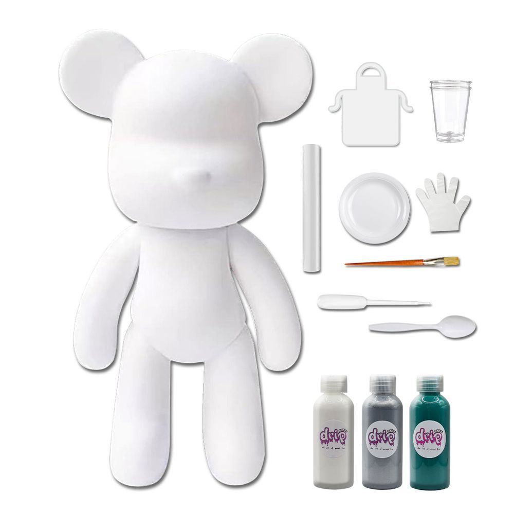 Dubai Drip Art - DIY Fluid Paint Bear Complete Kit - 23 cm - White, Silver, Blue-Green