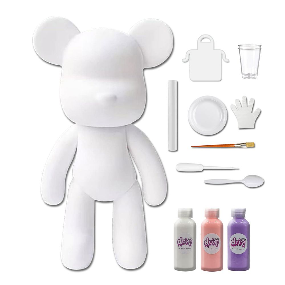 Dubai Drip Art - DIY Fluid Paint Bear Complete Kit - 23 cm - White, Light-Pink, Light-Purple