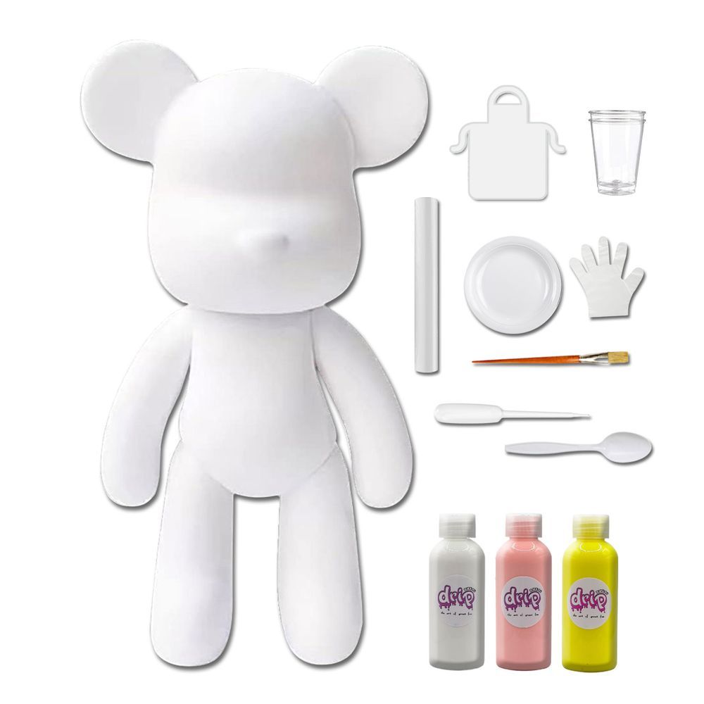 Dubai Drip Art - DIY Fluid Paint Bear Complete Kit - 23 cm - White, Light-Pink, Lemon-Yellow