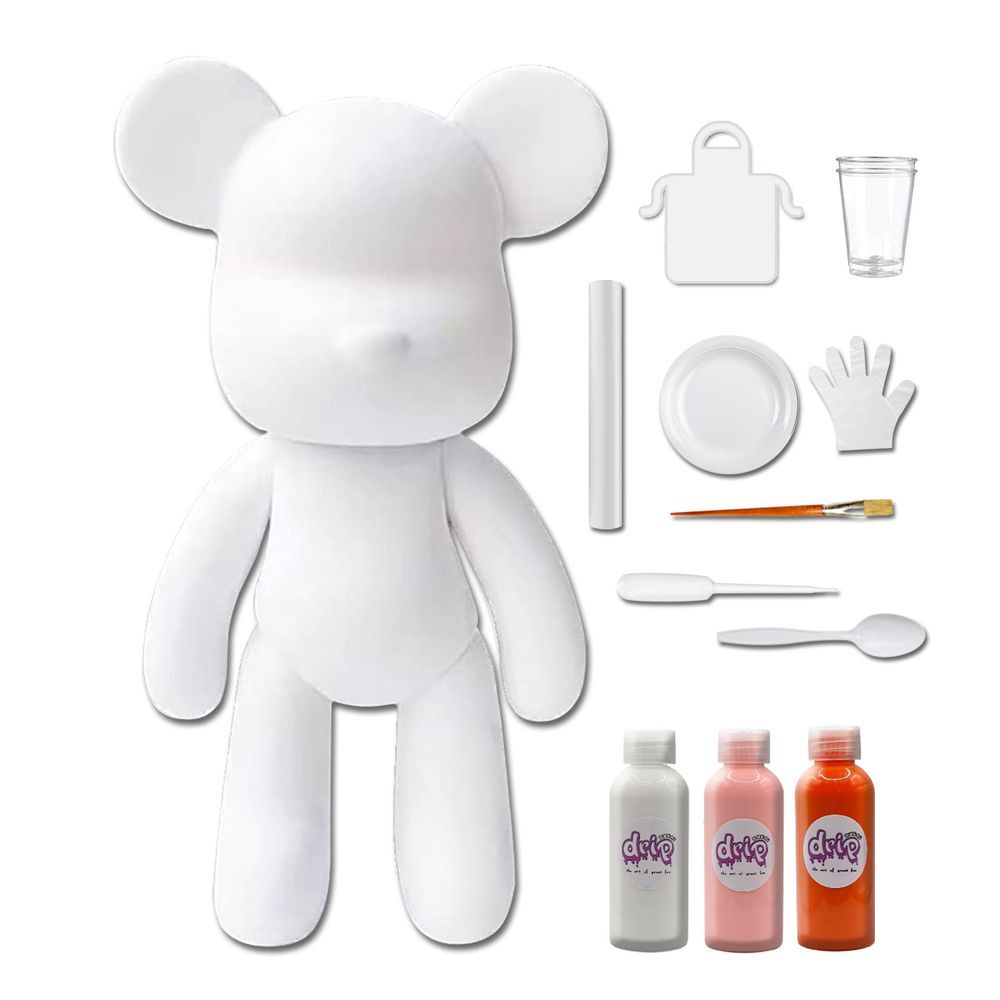 Dubai Drip Art - DIY Fluid Paint Bear Complete Kit - 23 cm - White, Light-Pink, Orange