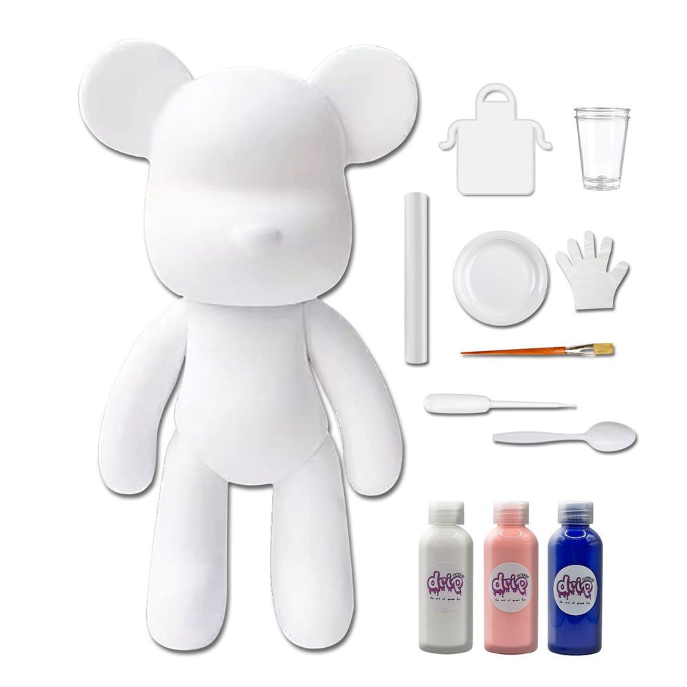 Dubai Drip Art - DIY Fluid Paint Bear Complete Kit - 23 cm - White, Light-Pink, Dark-Blue