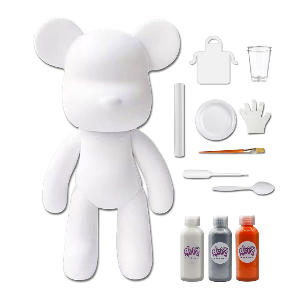 Dubai Drip Art - DIY Fluid Paint Bear Complete Kit - 23 cm - White, Silver, Orange