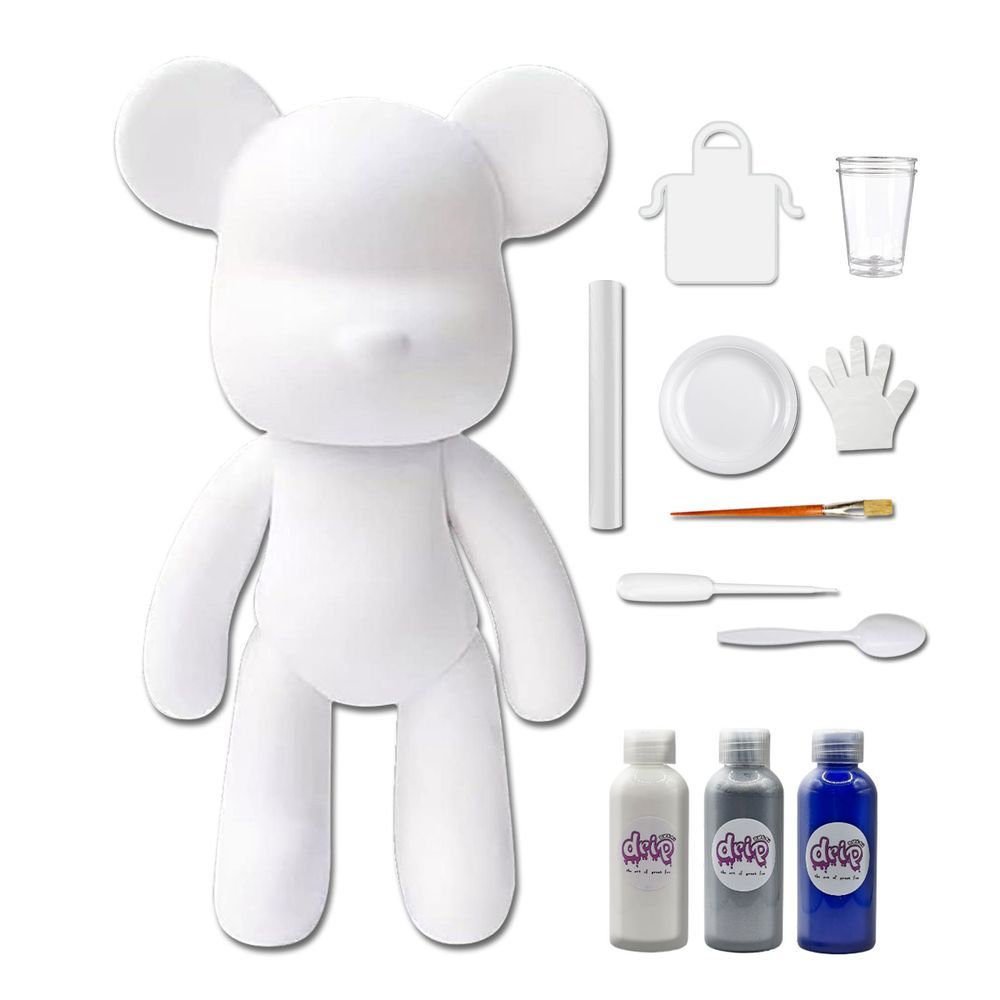 Dubai Drip Art - DIY Fluid Paint Bear Complete Kit - 23 cm - White, Silver, Dark-Blue